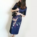 2021 New Spring Navy Blue Bodycon Floral Print V Neck Midi Elegant Dress Size 0-5  Cheongsam Dress