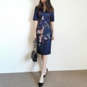 2021 New Spring Navy Blue Bodycon Floral Print V Neck Midi Elegant Dress Size 0-5  Cheongsam Dress