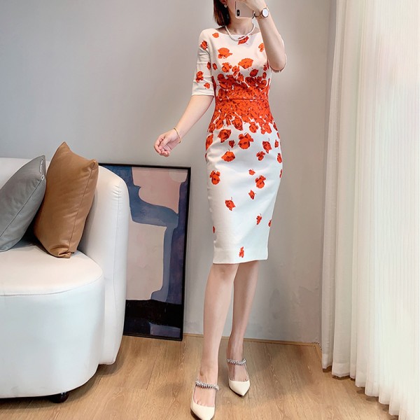 Red Leaves Print Squared Collar Short Sleeves Bodycon Dress UK 6-14 New Summer