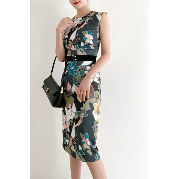 NEW Bodycon Floral Print Midi Sleeveless Belted Dress UK Fashion Summer  Size 0-4