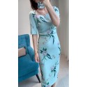 New Spring Square Collar Elegant Slim Fit  Bodycon Hourglass Dress Cheongsam Dress  Plus Size