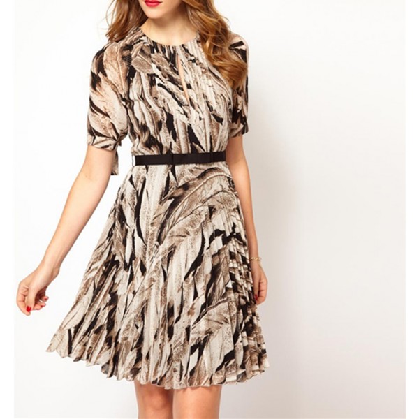 2021 New Spring Fall Women's Dress Elegant Slim Fit Feather Print Dress Design Pleated Dress Vintage Dress