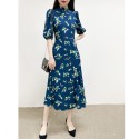 Vintage Blue Bird Print Short Sleeves Belted Wasit Midi Silk Dress US 2-US 10 New Spring Summer Collections