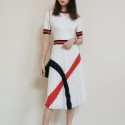 2020 Summer Collection UK Fashion Elegant Ivory Kinnted Pleated Midi Stripped Dress