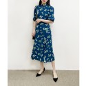 Vintage Blue Bird Print Short Sleeves Belted Wasit Midi Silk Dress US 2-US 10 New Spring Summer Collections