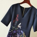 2021 New Spring Navy Blue Bodycon Floral Print V Neck Midi Elegant Dress Size 0-5  Cheongsam Dress