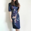 2021 New Spring Navy Blue Bodycon Floral Print V Neck Midi Elegant Dress Size 0-5  Cheongsam Dress