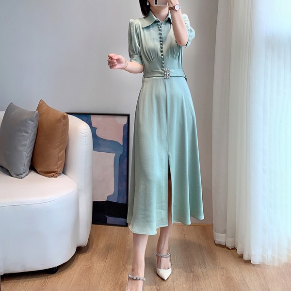 Elegant Fashion Pure Colors Green/Pink Belted Waist Midi Dress UK6-UK14