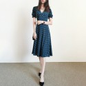 Summer New Collection Silk Dot Print V Neck Elegant Midi Calf Dress US Collections