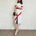 2020 Summer Collection UK Fashion Elegant Ivory Kinnted Pleated Midi Stripped Dress