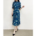 Vintage Blue Bird Print Short Sleeves Belted Wasit Midi Silk Dress US 2-US 10 New Spring Summer Collections