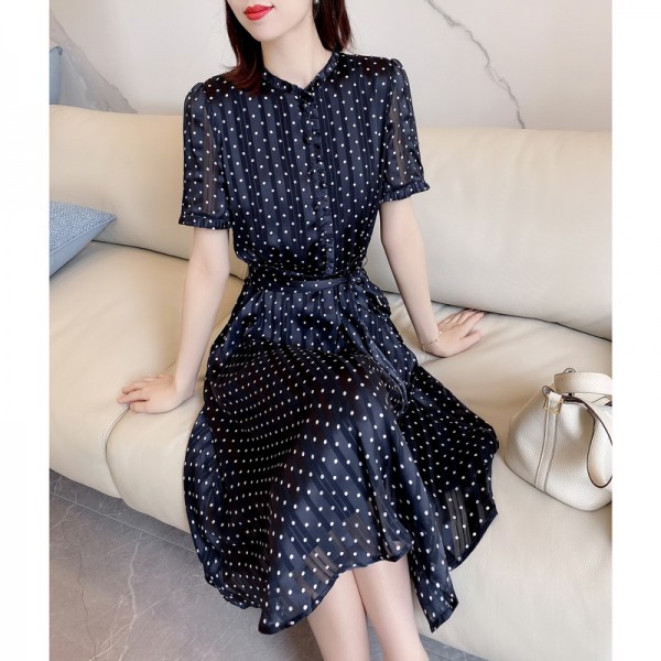 Dark Blue Short Sleeves Dot Jaquard Elegant Dress UK Fashion England Collections