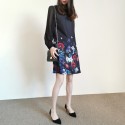 2021 New Spring Elegant Floral Print A-Line Black Elegant Dress XS-XL Full Sleeves