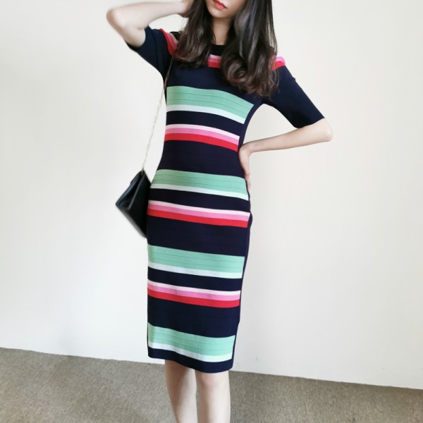 2021 New Spring Multi Color Block Striped Bodycon Dress UK Elegant Fashion Size 0-5