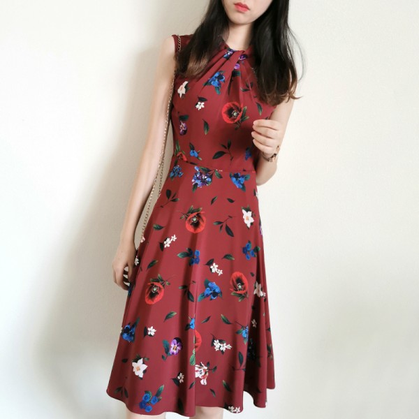 Dark Red Floral Print Elegant Sleeveless Dress UK Fashion New Arrivals