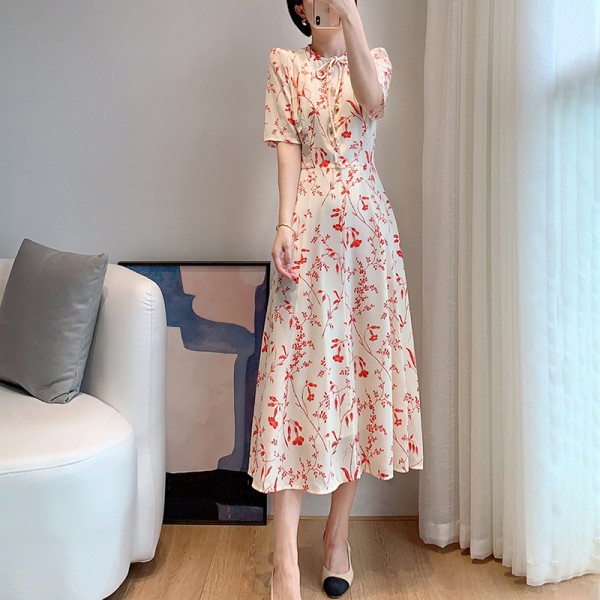 Elegant Fashion Red Floral Print Pearl Button Silk Midi Dress UK 8-UK16