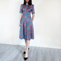 Vintage Rose PRINT Pearl Buttons Blue Midi Silk Dress Uk6-UK14 UK COLLECTIONS