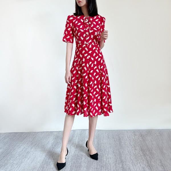 Red Print Pearl Buttons Bow Collar Silk Midi Dress New Summer Collections UK 6-UK14