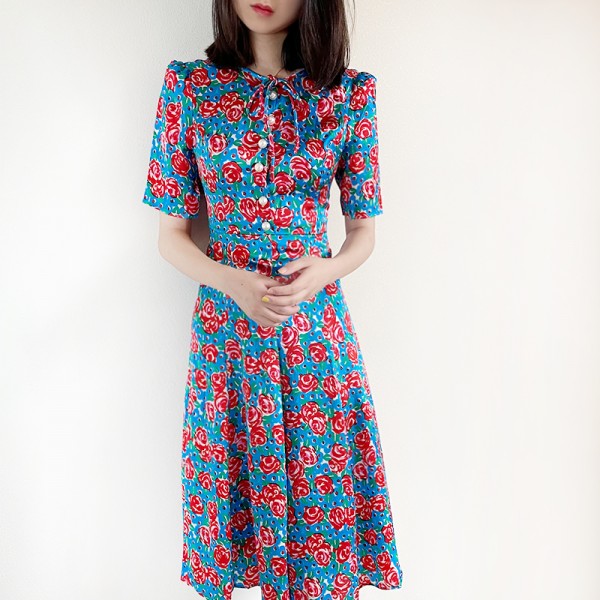 Vintage Rose PRINT Pearl Buttons Blue Midi Silk Dress Uk6-UK14 UK COLLECTIONS