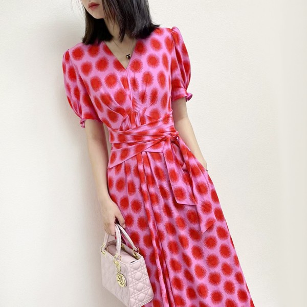 Puff Sleeves Rose Pink Sunflower Print Belted Waist Midi Dress USS 2-US 10