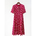 Red Print Pearl Buttons Bow Collar Silk Midi Dress New Summer Collections UK 6-UK14